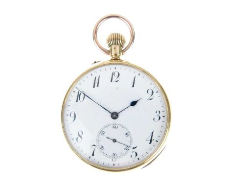 Anonymous, open-faced pocket watch, stamped '18K' and Continental control marks, unsigned white enamel dial with black Roman 