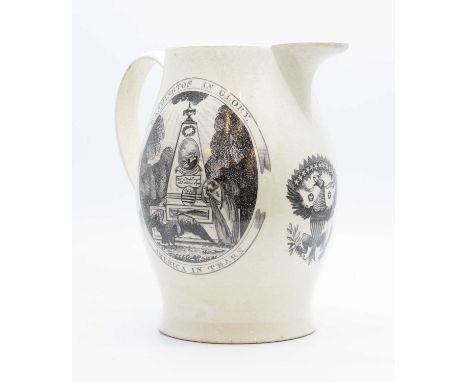 American Interest - English creamware jug, circa 1800, possibly Liverpool, printed in black to one side with an obelisk beari