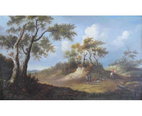 19th Century Continental School - Oil on panel - Wooded landscape with horsemen and hunters, unsigned, 28cm x 45.5cm, gilt fr