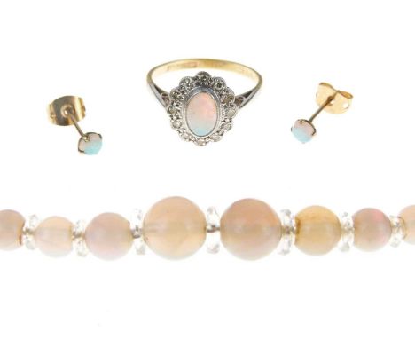 Graduated opal bead necklace, 41cm long approx, in fitted case together with an '18ct &amp; Plat' oval opal cabochon and diam