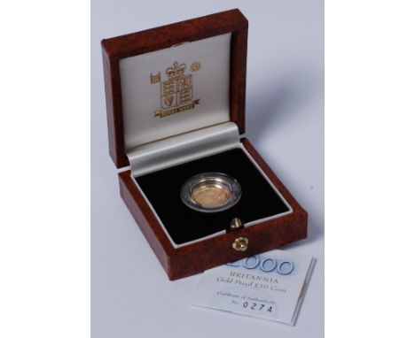 Great Britain, cased 2000 gold proof £10 coin, Elizabeth II above denomination, rev. stylised Britannia holding trident and o