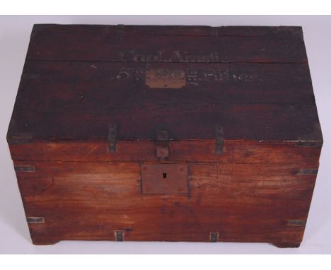 A 19th century teak and iron bound campaign trunk, the hinged lid naming Capt. Ainslie, 3rd 60th Rifles, w.66 d.39 h.38cm.