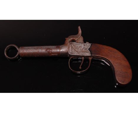 A 19th century percussion box lock pocket pistol, having a 6cm turn-off steel barrel, engraved lock plates and one piece waln