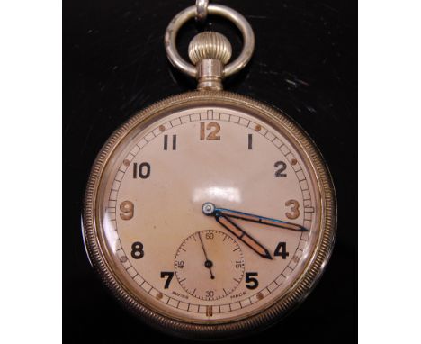 A miltary issue nickel cased open face pocket watch, having an enamel dial with Arabic numerals, subsidiary seconds dial and 