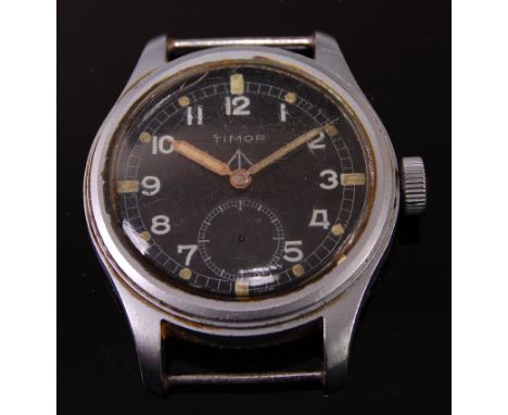 A gentleman's British military Timor W.W.W. wristwatch, circa 1940, part of "The Dirty Dozen," having a black dial with Arabi