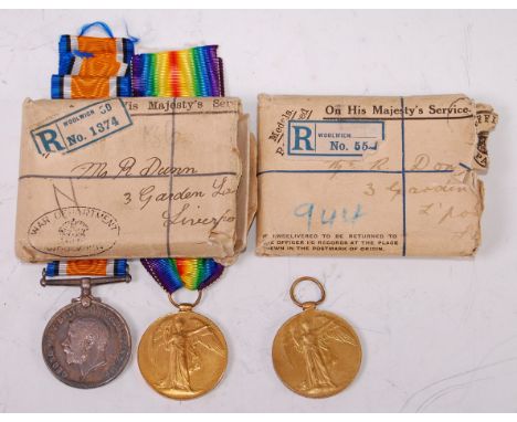 A WW I British War and Victory duo, naming 91696. DVR. R. DONN. R.A., in original box and envelope, together with a single Vi