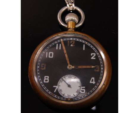 A military issue nickel cased open face pocket watch, having a black enamel dial with Arabic numerals and subsidiary seconds 