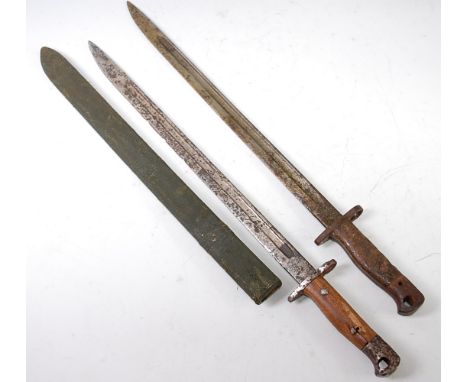 A British 1907 pattern bayonet, the 42.5cm single edged blade stamped to the ricasso Wilkinson 10 16, 55cm, together with one