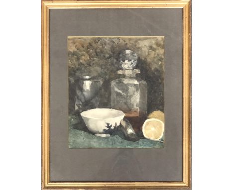 20th century watercolour, still life with ladle and lemon, 29x25cm 