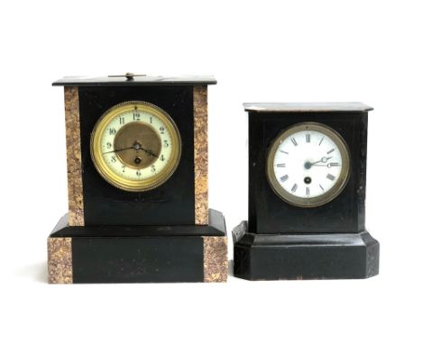An early 20th century slate and marble mantel clock, 27cmH; together with a further ebonised mantel clock, 23cmH (2) 