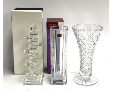 A Galway Living stacked crystal candlestick, 32cmH; together with a Crystal D'Arques vase etc 