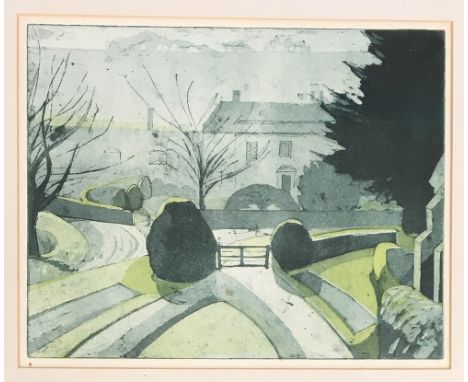 A screen print of a country house, 24.5x31cm, inscription on back 'Summer 1975 Etching by Mary Dunne (1/6) from a sketch made