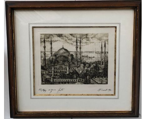 A drypoint etching of the Blue Mosque, Istanbul, 15x18cm, together with one other possible Hagia Sophia, 8x12cm, and a furthe
