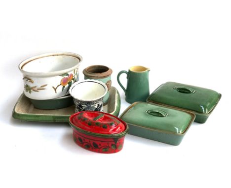 Two green glazed Denby stoneware tureens and cover, jug af, Royal Worcester fireproof etc 