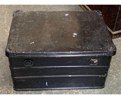 A painted black metal storage trunk, 75x60x41cmH 