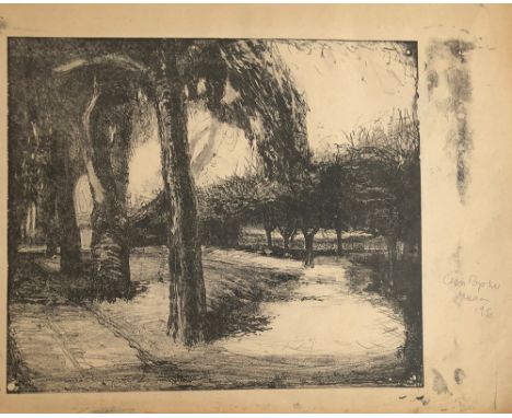 A monochrome print of an avenue of trees, c. 1950, 30x36cm; together with several watercolours 