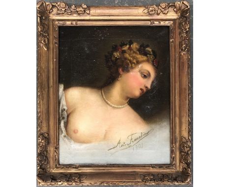Antonio Franchini (Italian, b.1847), An early 20th century portrait of a lady in a pearl necklace, oil on canvas, signed and 