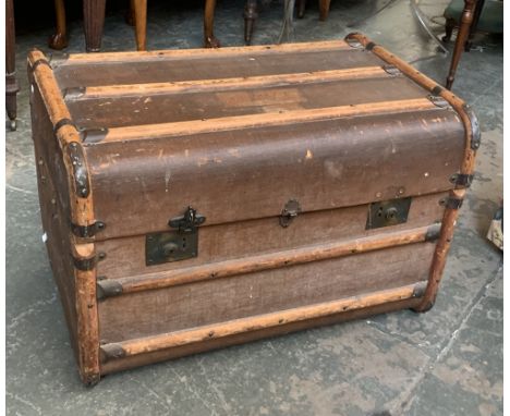 A canvas and wood banded travel trunk, 55x50x77cmH 