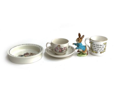 A Beswick Beatrix Potter Peter Rabbit figurine; together with three pieces of Wedgwood Beatrix Potter ceramics; and a Royal W