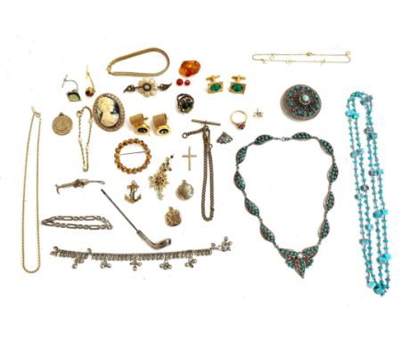 A mixed lot of jewellery to include Czech white metal and turquoise glass butterfly riviere necklace; similar Czech brooch; h
