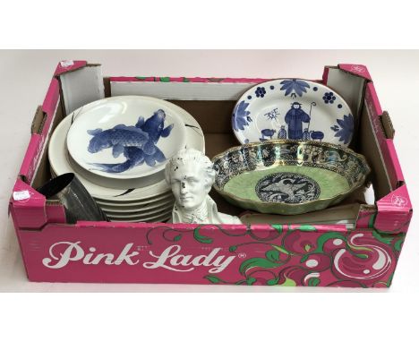 A mixed lot of ceramics to include six Denby dinner plates, New Hall lustreware, Portuguese pottery, etc 
