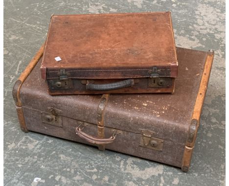 A vintage canvas and wood banded suitcase, 68cmW; together with a leather gents suitcase (af), 47cmW 