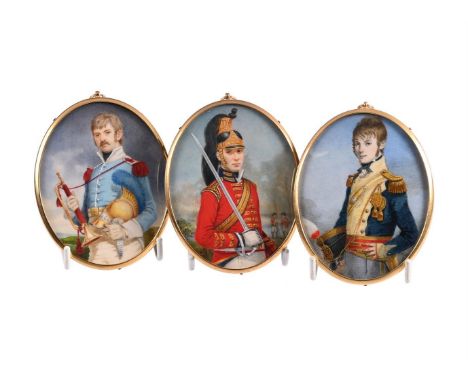 Michael Martlett RMS (1922-2008), three oval portrait miniatures, Trumpeter 2nd Carabiniers, Officer 13th Light Dragoons, Off