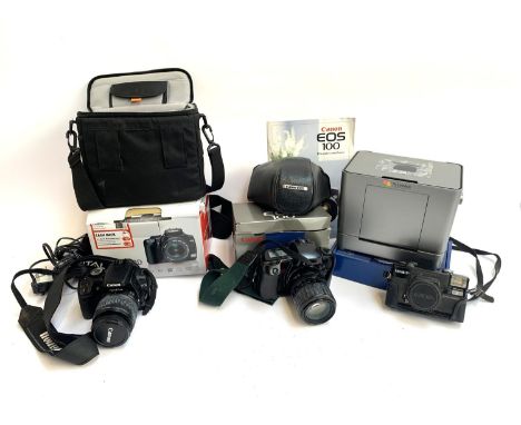 A mixed lot of photographic equipment comprising Epson Picture Mate 280, Canon eos 100, Canon eos 400d, and a Minolta hi-mati