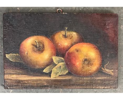 A mixed lot to include a still life on panel of apples, 14.5x22cm, model rosetta stone, vintage metal tea caddy, etc 
