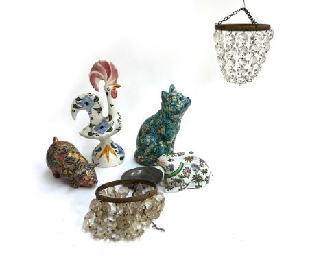 A mixed lot to include two small cut glass drop chandeliers, 15cmH; Chinese famille rose ceramic rabbit, majolica cockerel, P