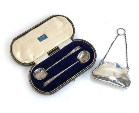 An early 20th century silver purse by Samuel M Levi, Birmingham 1915; together with a cased pair of spoons 