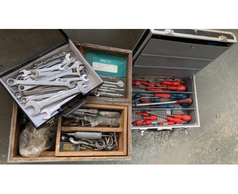 A long vintage metal toolbox, 66cmL; a flight case containing an assortment of screwdrivers including Draper; case containing