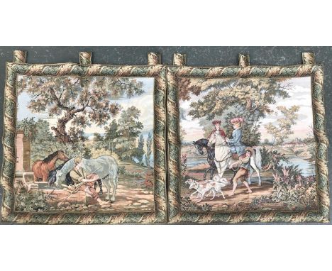 A pair of 20th century tapestry wall hangings, approx 78cm square; and one other 'The Falconer' by Metrax, 82x120cm 