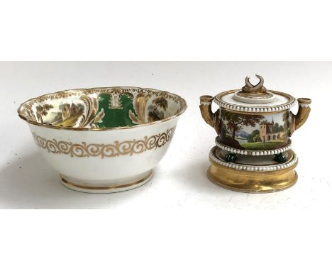 A Continental hand painted ceramic inkwell, painted with schloss, raised on four paw feet and a further stand, the cover AF, 