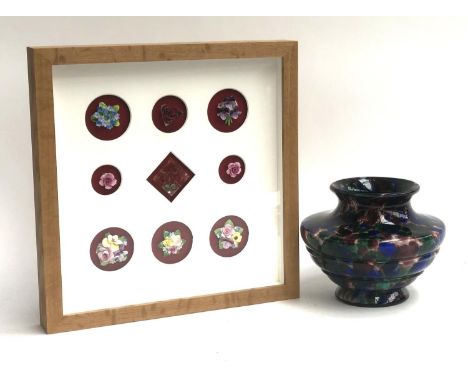 An art glass vase, 16cmH; together with a framed set of floral brooches, to include ceramic and lucite 