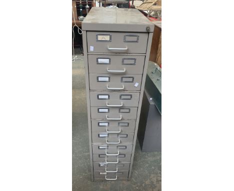 A vintage eleven drawer industrial cabinet, containing various tools, gauges etc, 34x62x133cmH 