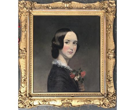 An early 20th century naive portrait of a lady holding a posy of flowers, oil on canvas, 37x32cm 