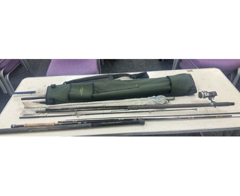 Selection of assorted fly and match fishing rods, parts, Toxoz split cane fly fishing rod etc