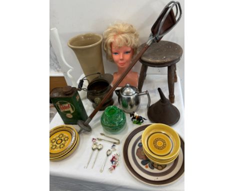 Selection of collectables to include castrol oil tin, vintage stool, glass vase etc