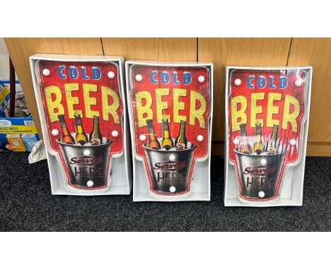 Three new and sealed ' Cold Beer'  LED light up sign, approximate height of each 20 inches, Width 11 inches