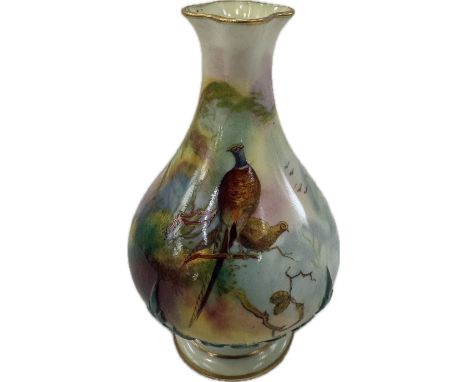 Royal Worcester small hand paint pheasant detailed vase, overall height 10.5cm