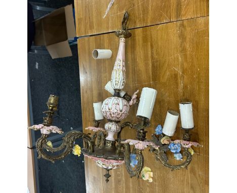 Vintage brass and porcelain chandelier light fitting with floral detailing
