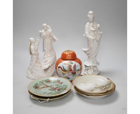 Three Chinese blanc de chine figures, two famille vert plates, a Japanese jar and three eggshell saucers