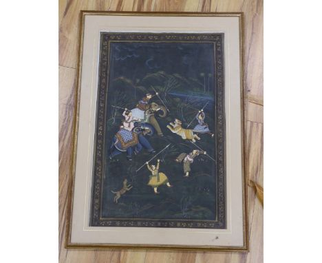 Indian or Persian School, mixed media on fabric, Warriors and tiger, 69 x 45cm