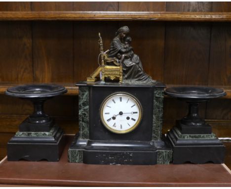 A late 19th century French black slate clock garniture with seated mother and child metal mount, clock 38cm high