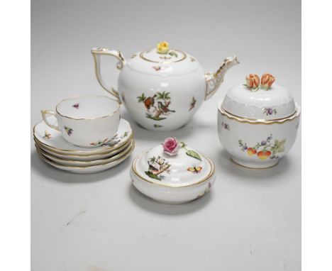 A Herend handpainted pot and cover, a cup and four saucers and teapot decorated with birds and insects and a similar sucrier 