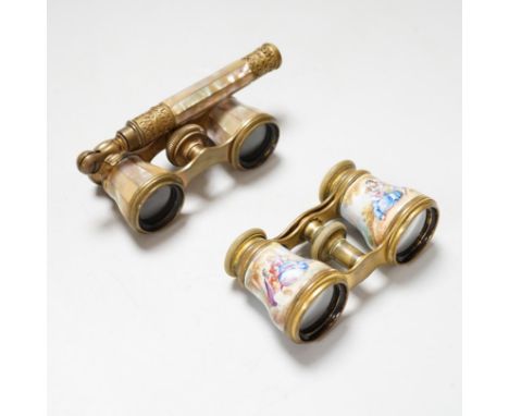 A pair of gilt brass and enamelled opera glasses and a similar pair of mother-of-pearl veneered opera glasses