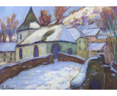 Continental School, heightened pastel and mixed media, Snowy townscape with church, indistinctly signed, 46 x 33cm