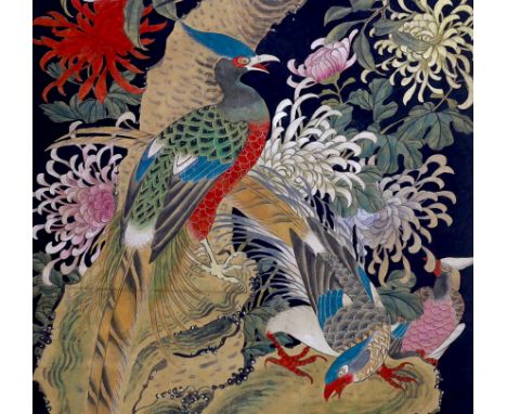 A Chinese hundred bird painted scroll, 239cm high