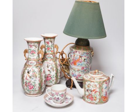 A pair of Chinese famille rose vases and a lamp base and a teapot and a Samson of Paris cup and saucer, (5),